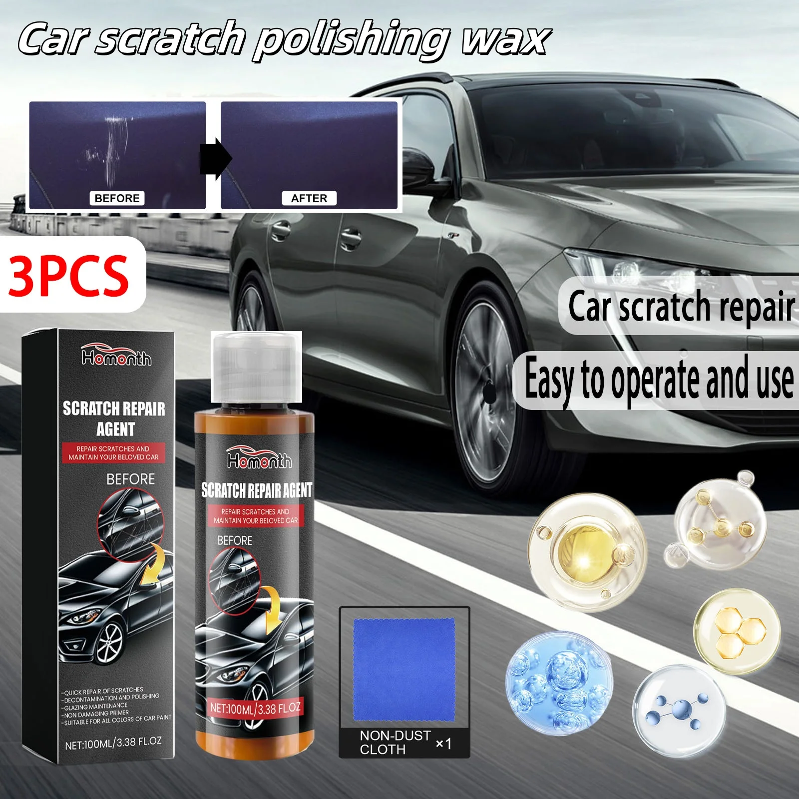 

3PCS 100ml Auto Body Grinding Compound Wax Anti-UV Car Scratches Repair Polishing Wax Automobile Glossy Shine Wax Paint Scratch