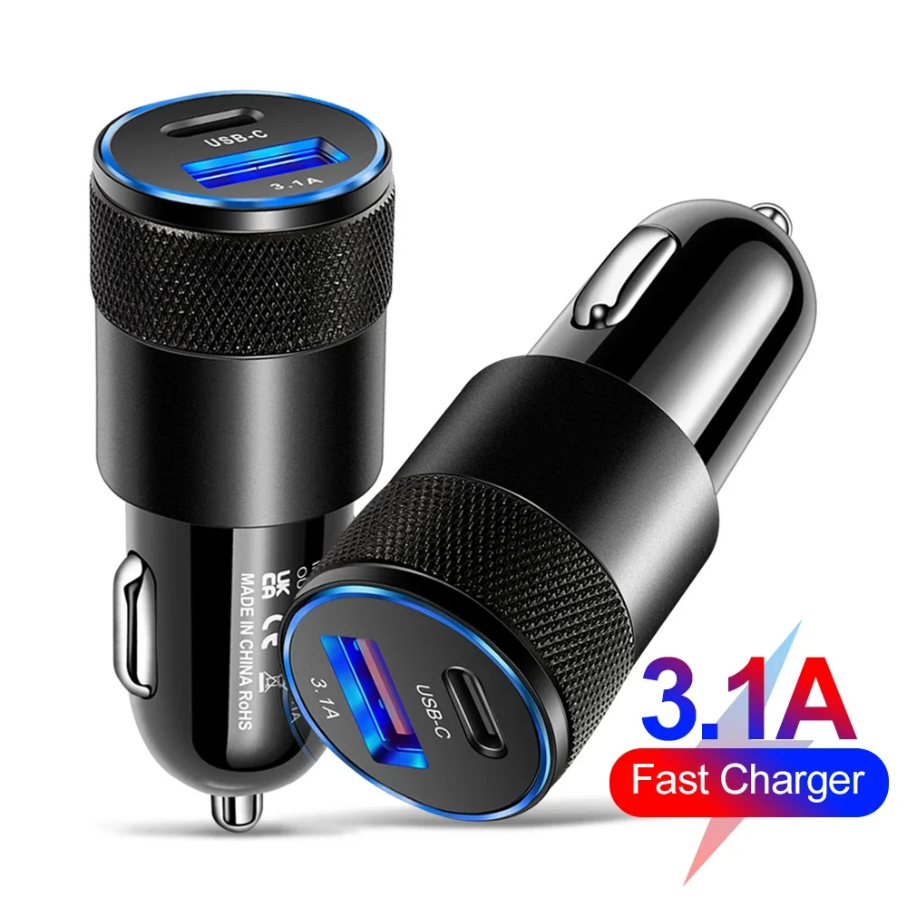 

Type C USB 2 Port Car Charger Phone Charger 3.1A Fast Charging 12V 15W Cigarette Lighter Adapter Power Outlet for iPhone Samsung