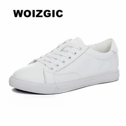 WOIZGIC Women's Ladies Female Genuine Leather White Shoes Flats Lace Up Moccasins Spring Autumn Vulcanized Shoes Korean