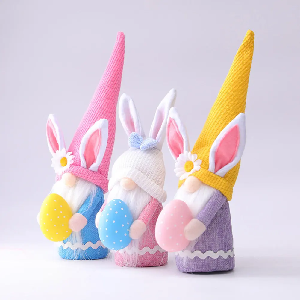 3Pcs Easter Bunny Gnome Set Long Hat Decorative Gnome Ornaments for Desktop Bookshelf Garden Easter Festival Decor