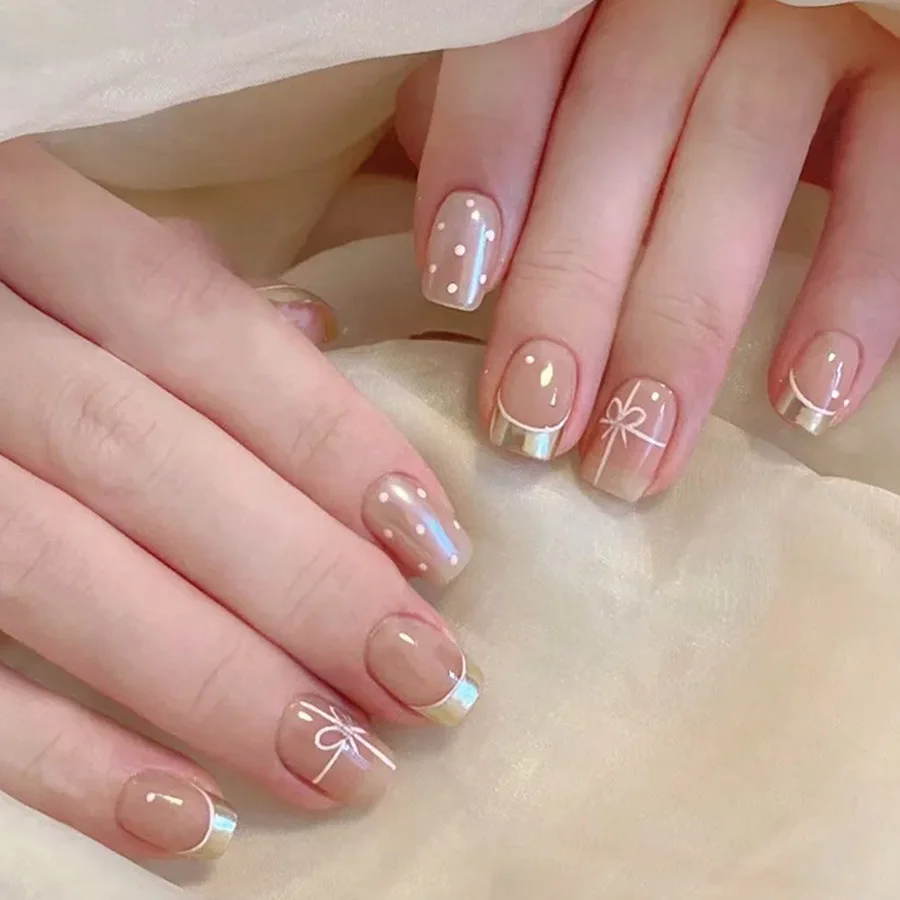 Short Square fake nails for women girls nude red colors with polka dots or cherry heart french style press on false nail art