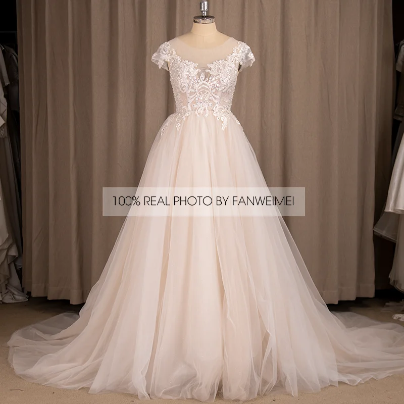 Vestido de novia coreano con cuello redondo, blanco, champán y marfil, línea A, encaje, Espalda descubierta, 7731