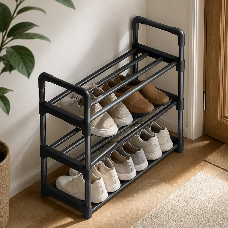 Black Compact Multi-Level Shoe Rack for Dorms and Entryway, Space-Efficient Elevated Storage Solution