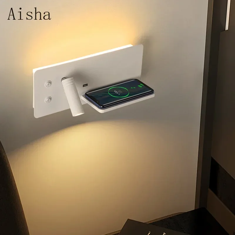 Multifunction LED Reading Interior Wall Light with USB Wireless Phone Charging Switch Bedside Wall Sconce Hotel Bed Lamp