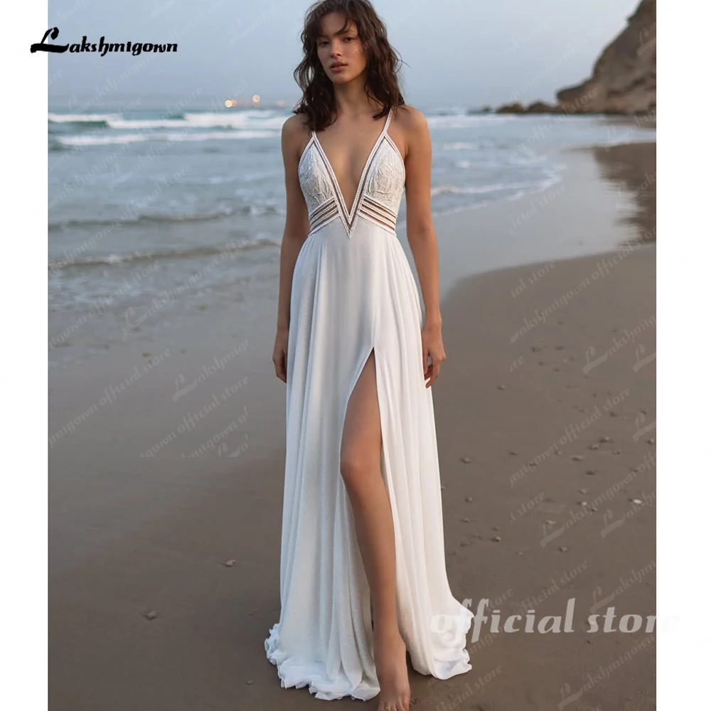 Lakshmigown Bohemian Strand-Hochzeitskleid mit V-Ausschnitt und Schlitz an der Seite, 2027 Rückenfreies Brautkleid nach Maß – Detail 5