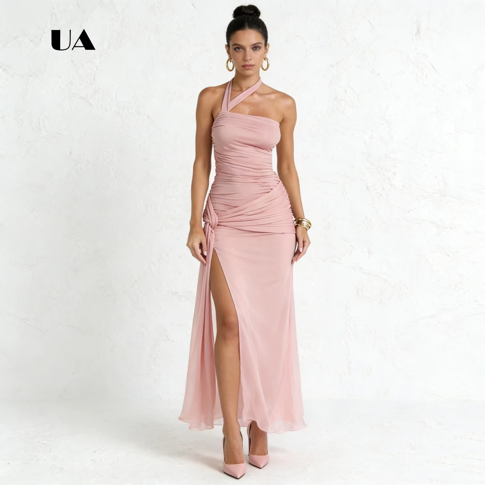 

ULBYANRY Chiffon Sheath Prom Dress with Asymmetrical Collar, Solid Sleeveless Draped Evening Dress, Slit Customized Party Gown