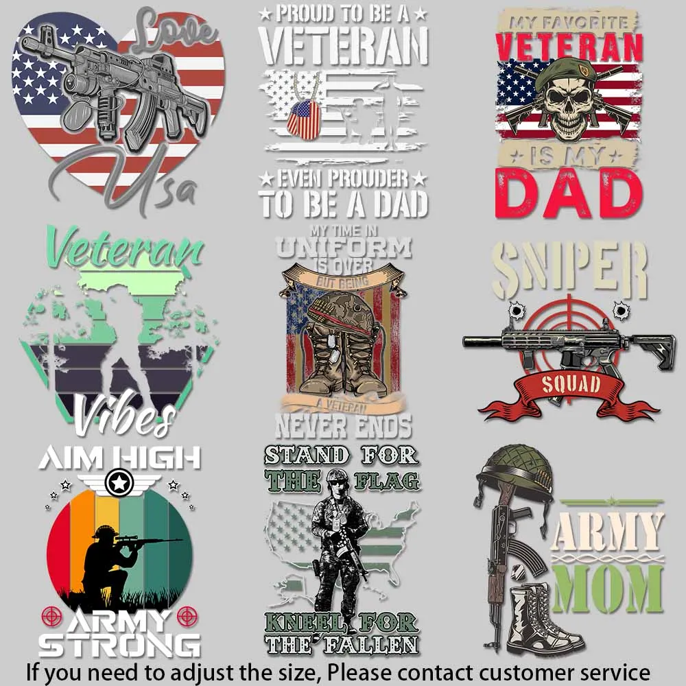 Military Retro Heat Transfer Patches - Veteran Pride, Dad Appreciation, Anti-War Designs, US Flag, Army Elements for DIY