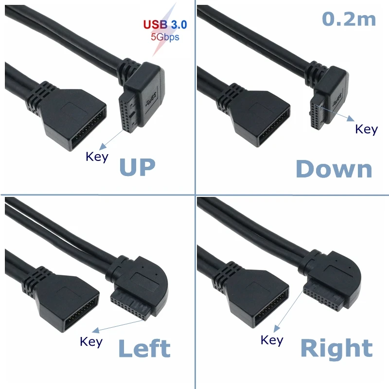 Chassis High Speed Elbow Front 90 Degrees 20 Pins 19 Pins Extension Cable Motherboard F-USB3.0 Pins IDC Male to Female Data Cabl