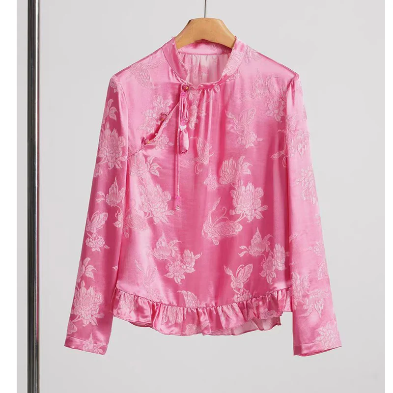 Spring /Autumn New Silk Butterfly Jacquard Small Stand Up Collar Top Girls' Style Chic Tassel Button Lotus Leaf Edge Shirt S-XL