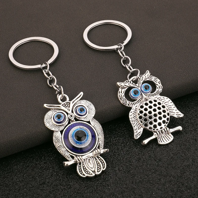 Religious Evil Eye Keychain Pendant Car Key & Keyring Silver Color Deep Blue Owl Animal Women Bag Accessories