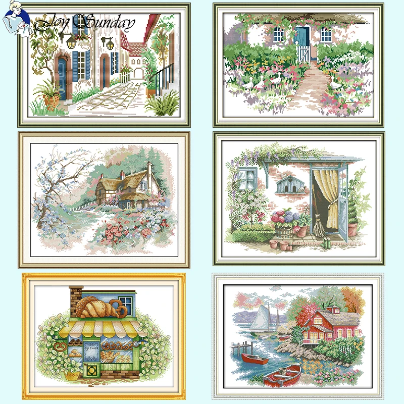 Flower House Landscape Cross Stitch Kits Aida 14CT 16CT 11CT White Canvas Fabric DMC Thread DIY Hand Embroidery Set Home Decor