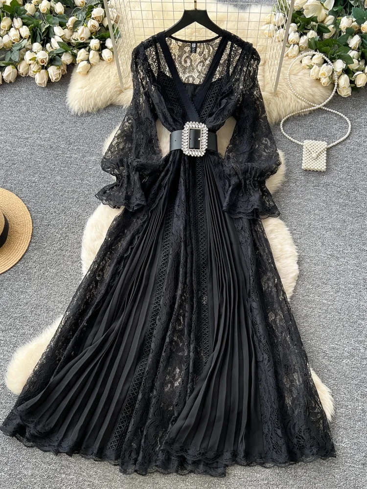 Ele V-ne Ruched الخصر هوك الدانتيل الدكتور المرأة تنورة طويلة الخريف 2025 جديد Sle الكورية Sle عالية الخصر ألف خط الدكتور #1