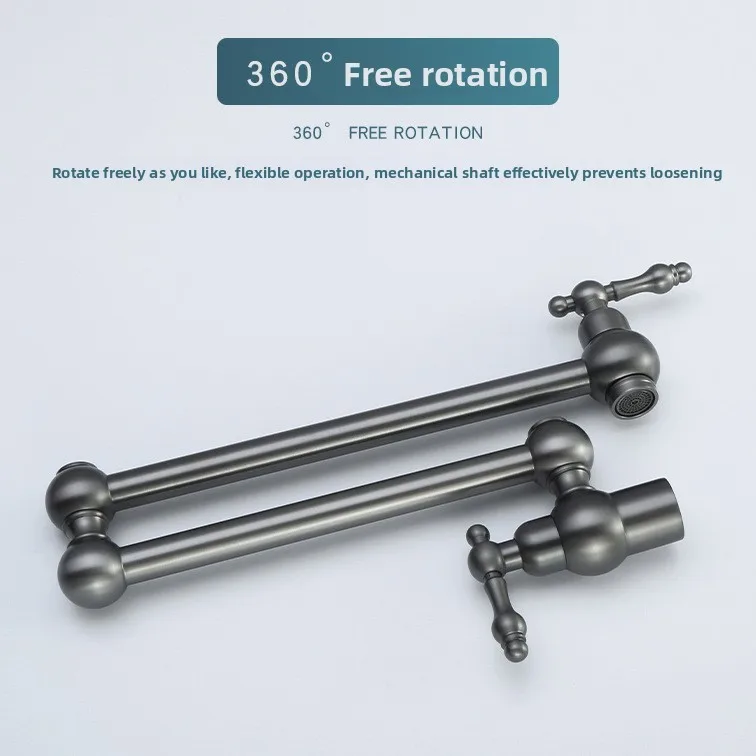 Full Copper Single Cold Wall Mounted Foldable Kitchen Faucet Extendable Rotating Sink Tap Gun Grey