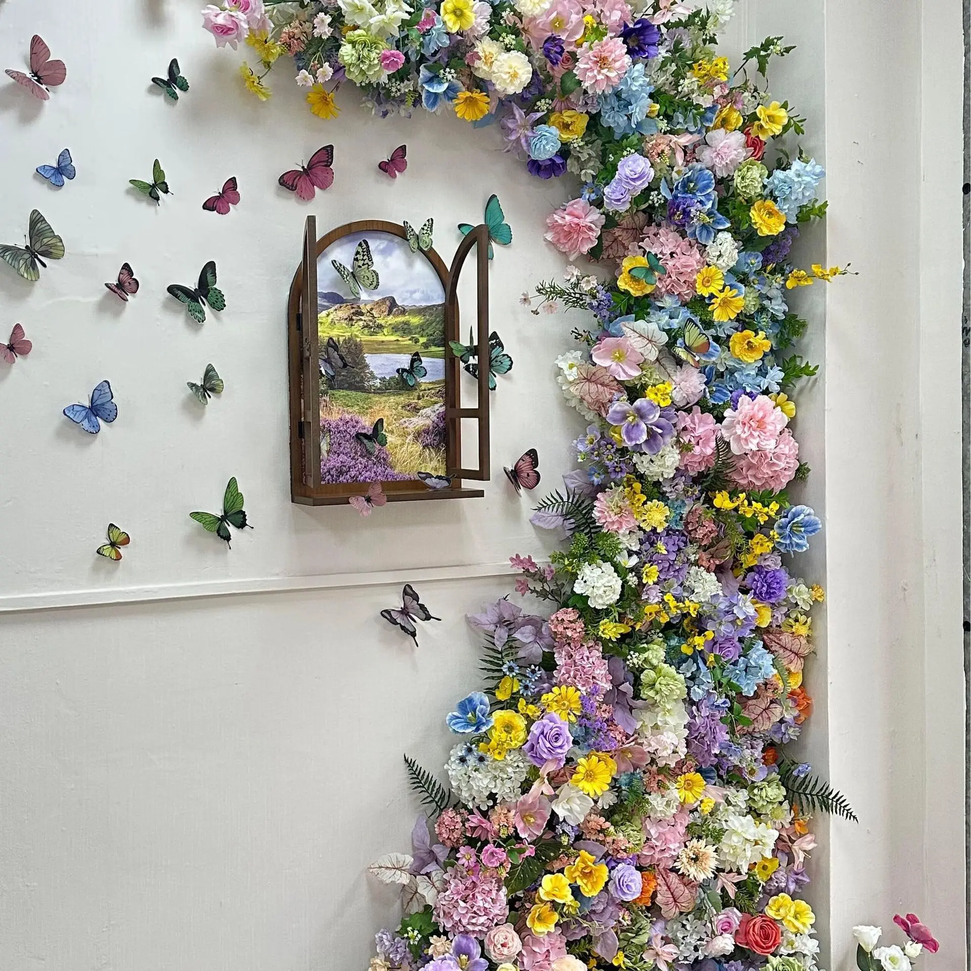 

landscaping, artificial flower window, waterfall, wedding, decoration