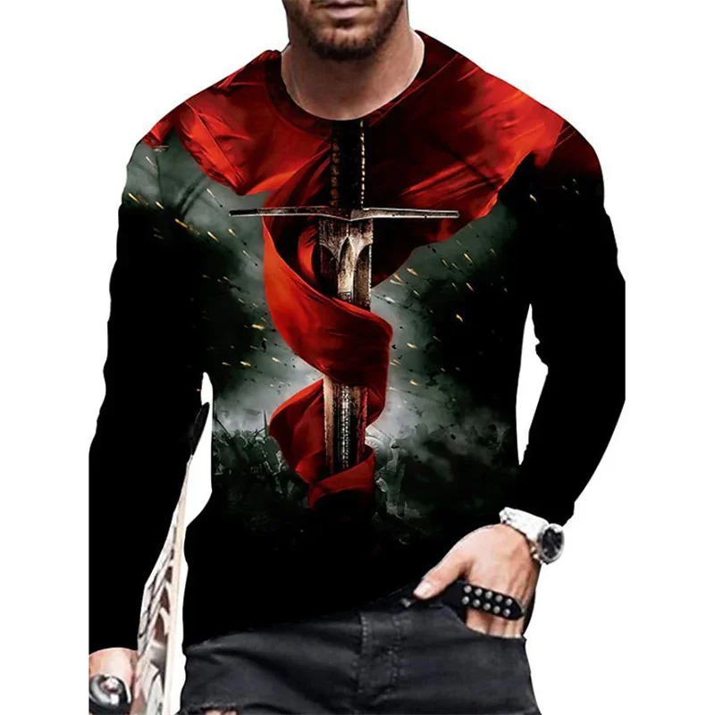 Aztec Mexican Pattern T Shirt For Men Sword 3D Printed Tees Summer Casual Long Sleeves Unisex Round Neck Tops Loose T-Shirts
