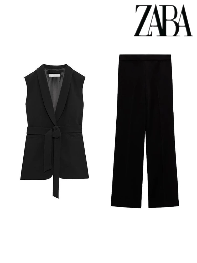 TRAF Women's Belted Sleeveless V Blazer Vest Set High Waisted Draped Trousers Commuter Two Piece Urban Women's Office Suit