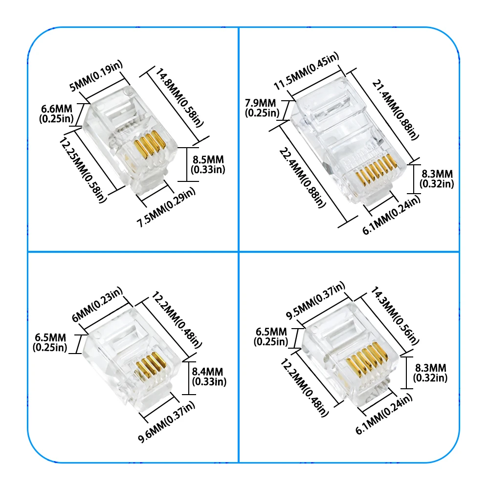4Pin/6Pin/8Pin RJ9 4P4C RJ11 6P4C 6P6C Cable End Connectors Plugs telephone connector internet connector  RJ45 8P8C Crystal