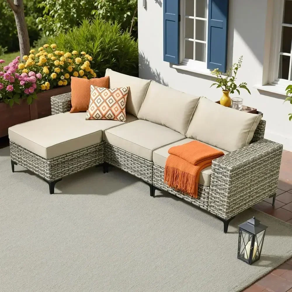 4-Piece All-Weather Wicker Outdoor Sectional Set with Ottoman, Beige L-Shape Patio Couch