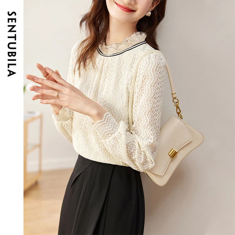SENTUBILA Office Lady Lace Blouse Women 2024 Fall Winter Elegant Spliced Ruffles Neck Lantern Sleeve Shirts & Blouses 143S58026X