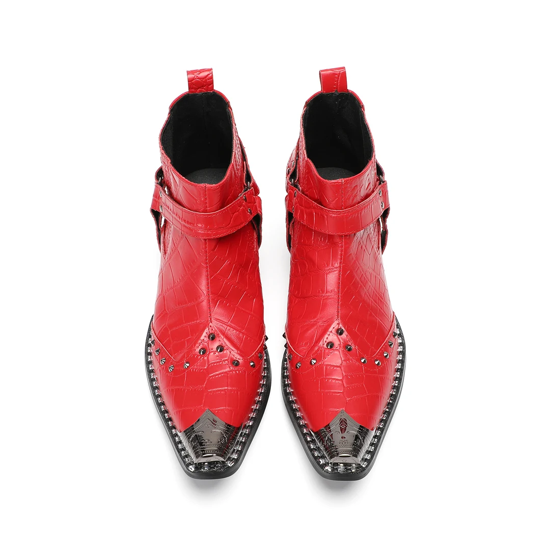 Fall/Winter New Arrival Men's Red Heeled Chelsea Boots with Metallic Pointed Toe Buckle and Studs - Genuine Leather Ankle Boots