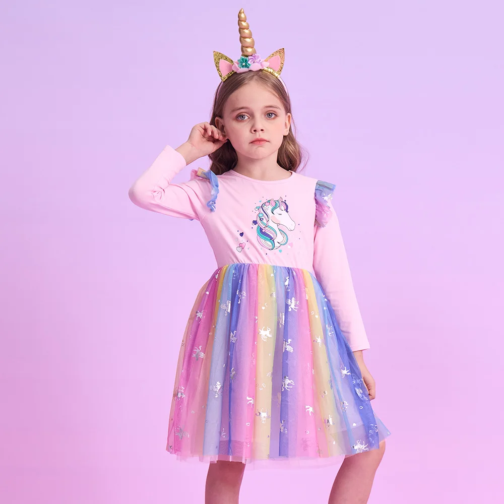 VIKITA Kids Colorful Rainbow Dress Girls Licorne Cartoon Autumn Spring Birthday Party Princess Casual Flare Sleeve Dress 3-12 Y