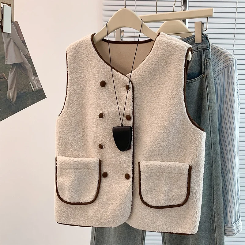 

Жилет с отделкой из овечьей шерсти, двубортный, для многослойного ношения, теплый, винтажный, однотонный, женский, модный, осенне-зимний