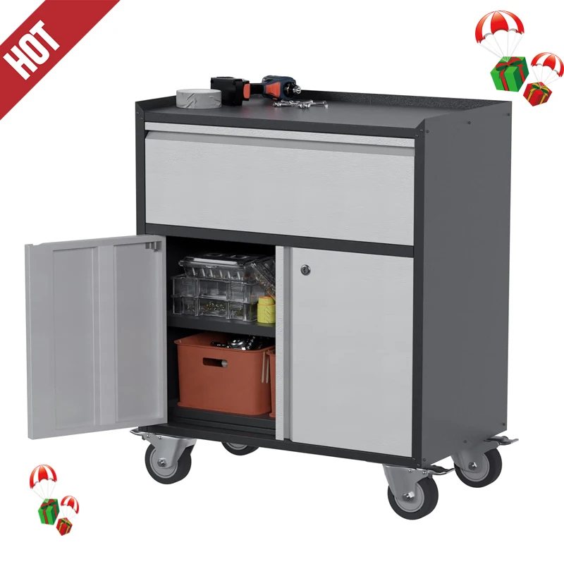 Metal Storage Cabinet with Wheels, Mobile Metal Garage Cabinet with 1 Drawer and 2 Locking Doors, Small Rolling Tool Storage