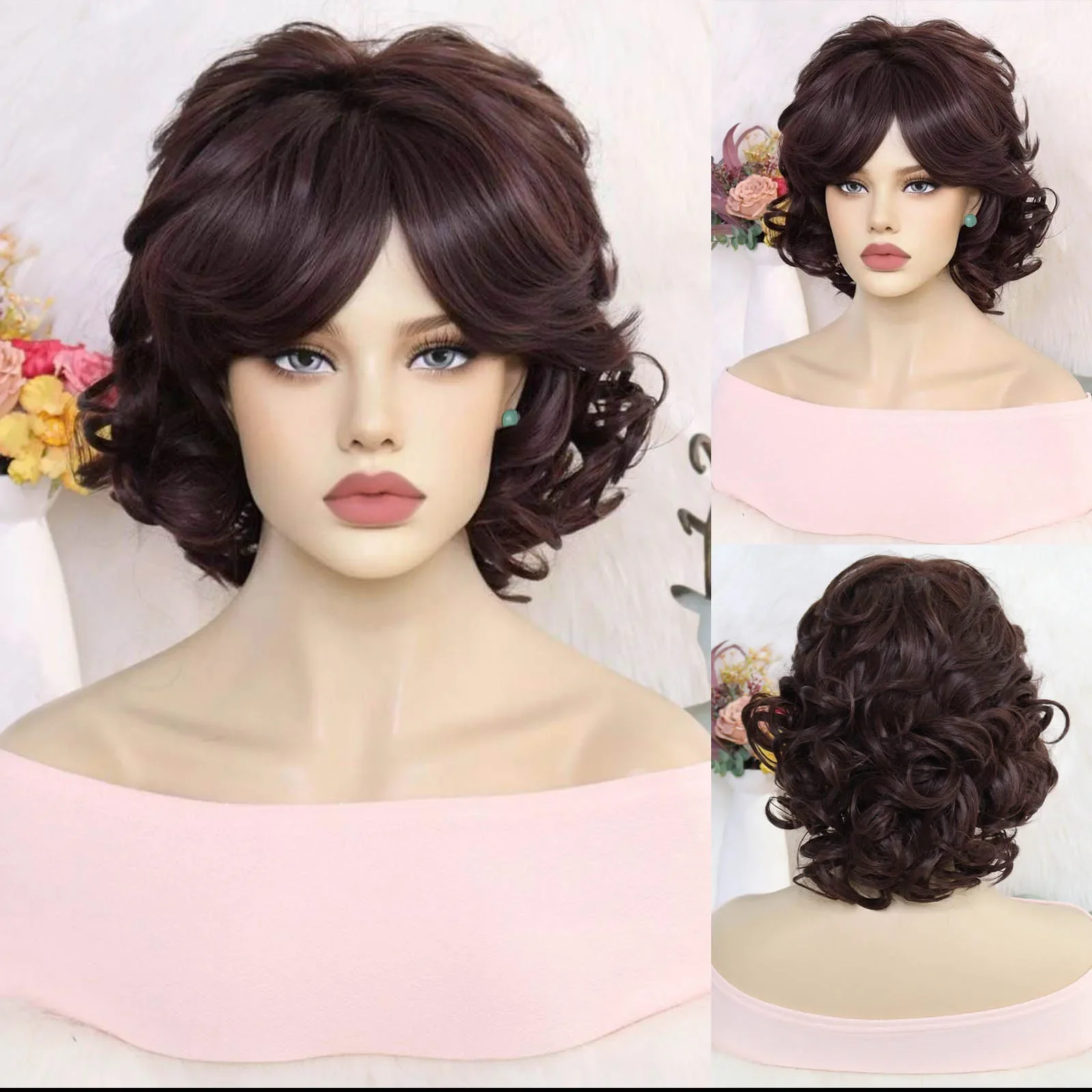 14inch 4Color Short Curly Gray Black Women\'s Synthetic Cosplay Hair Wig with Bangs