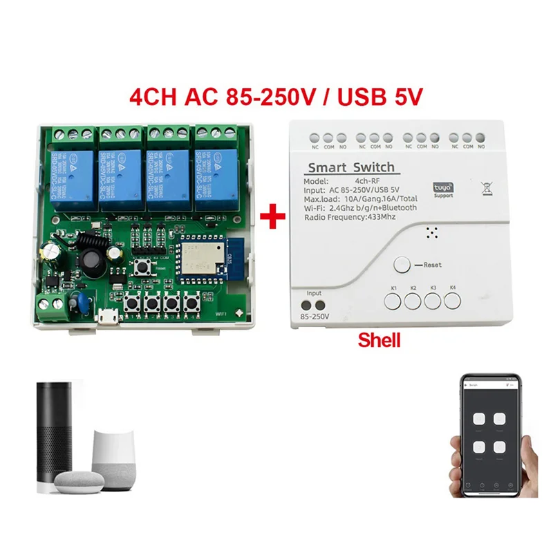 ABMF-4X Tuya Wifiモータースイッチモジュール RF 433無線リモコン 4CHインチングリレー Alexa Google Home対応、4CH AC85-250V