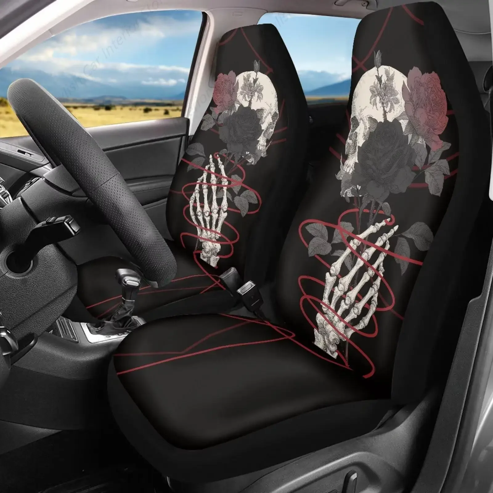 

2 шт., чехлы на автомобильные сиденья со скелетом на Хэллоуин, черные готические чехлы на передние сиденья автомобиля, эластичная ткань, моющиеся полиэстеровые чехлы на ведра