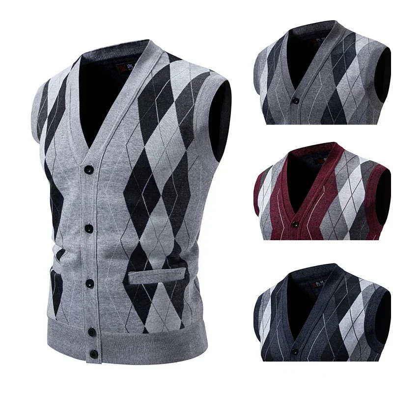 Men's Knitted Cardigan Wool Vest Button Casual Warm Men's Knitted Sleeveness  Mens Clothes