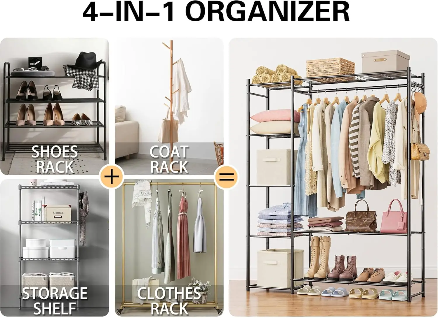 Wardrobe Closet,Portable Clothes Rack with 4 Tiers Shelves,Freestanding Closet Organizers and Storage System with Hanging Rod