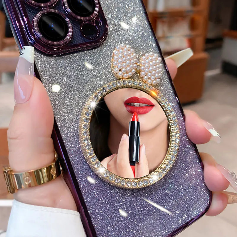 15promax Case with Pearl Lanyard Cover For iphone 15 14 plus 13 12 11 pro max 7 8 X Luxury Bling Glitter Mirror Case iphone15pro image 2
