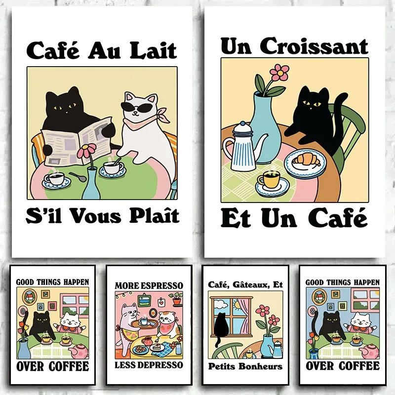 Retro Drink French Cafe Au lait Cat Bistro Coffee Wall Art Prints Canvas Painting Poster Pictures For Kitchen Room Home Decor