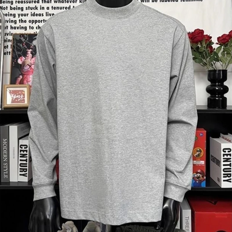 300g Heavyweight Cotton Long Sleeve T-Shirt Unisex Autumn Winter Loose Fit Solid Color Base Layer Top Thick Versatile Inner Wear