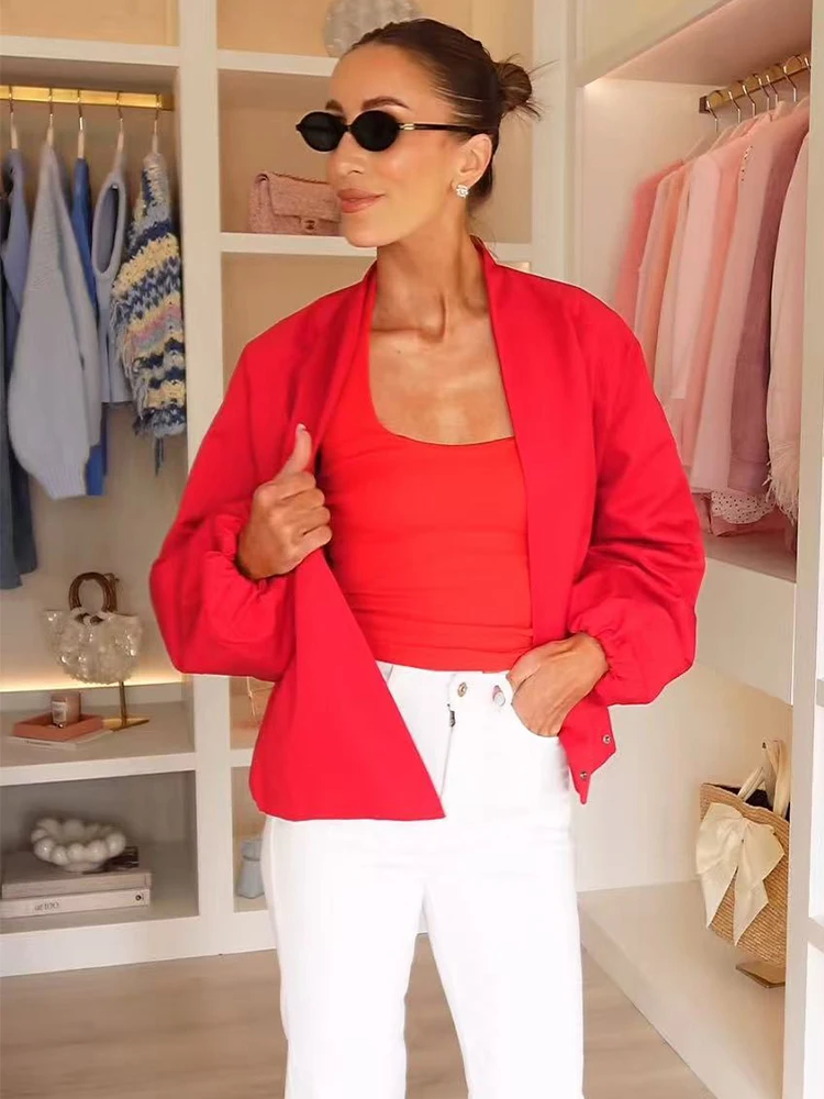 TFMLN Fashion Red Short Jacket For Women Loose Fit V Collar Long Sleeve Coat 2026 Spring Autumn Female Street Outerwear