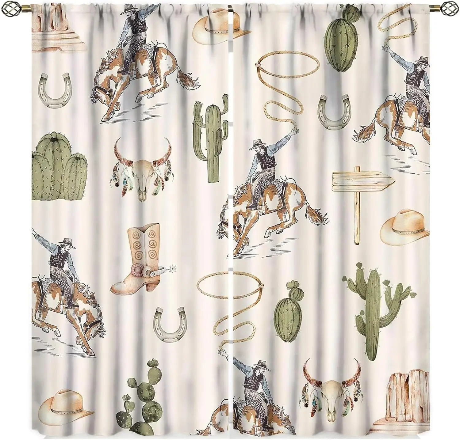 Vintage West Cowboy Window Curtains Rustic Wild West Cowboy Ride Horse and Desert Cactus Window Treatments for Bedroom Living
