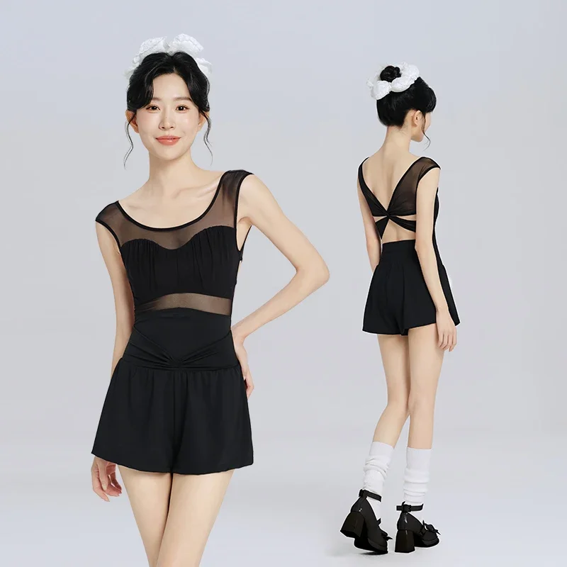 Nowe damskie trykoty baletowe Camisole Mesh Splice body bez rękawów skrzyżowane plecy gimnastyka kostiumy baletowe stroje kąpielowe