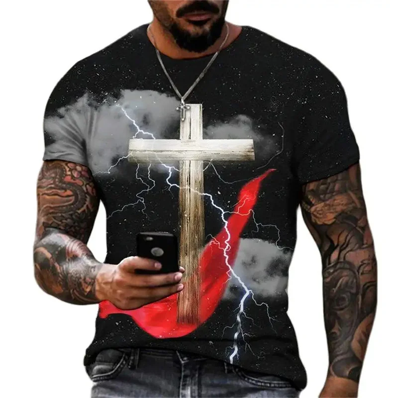 2024 Men's Short Sleeve Summer Casual Cross Graphic Tshirts Oversized Vintage Street Round Neck T-Shirt Daily Man Camisetas 4XL