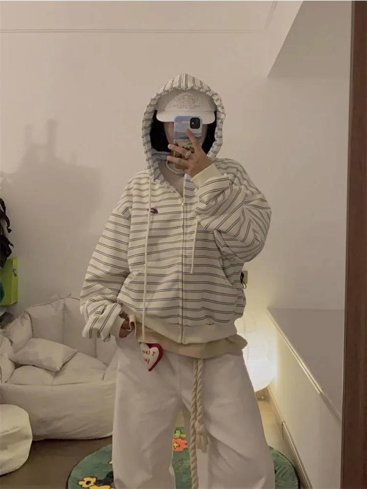 Deeptown Vintage Striped Sweatshirts Women Oversized Casual Korean Style White Zipper Hoodies Harajuku Fashion Hooded Sweatshirt