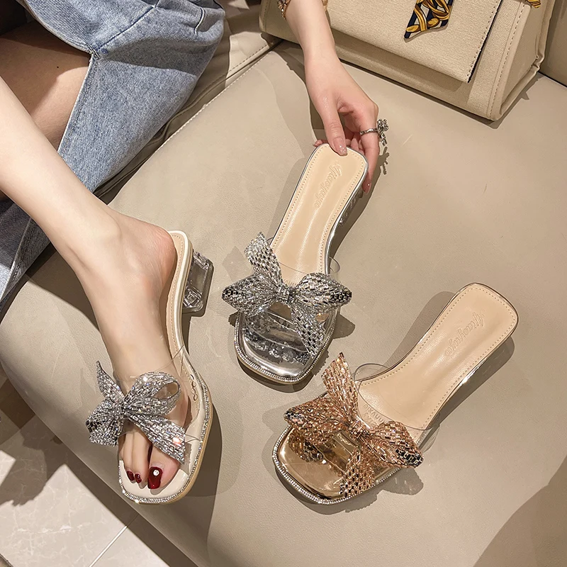 4.5 cm Rhinestone Bow Slippers Women's Summer New Crystal Thick-heeled Flip-flops Korean Version Middle-heeled Female Sandals