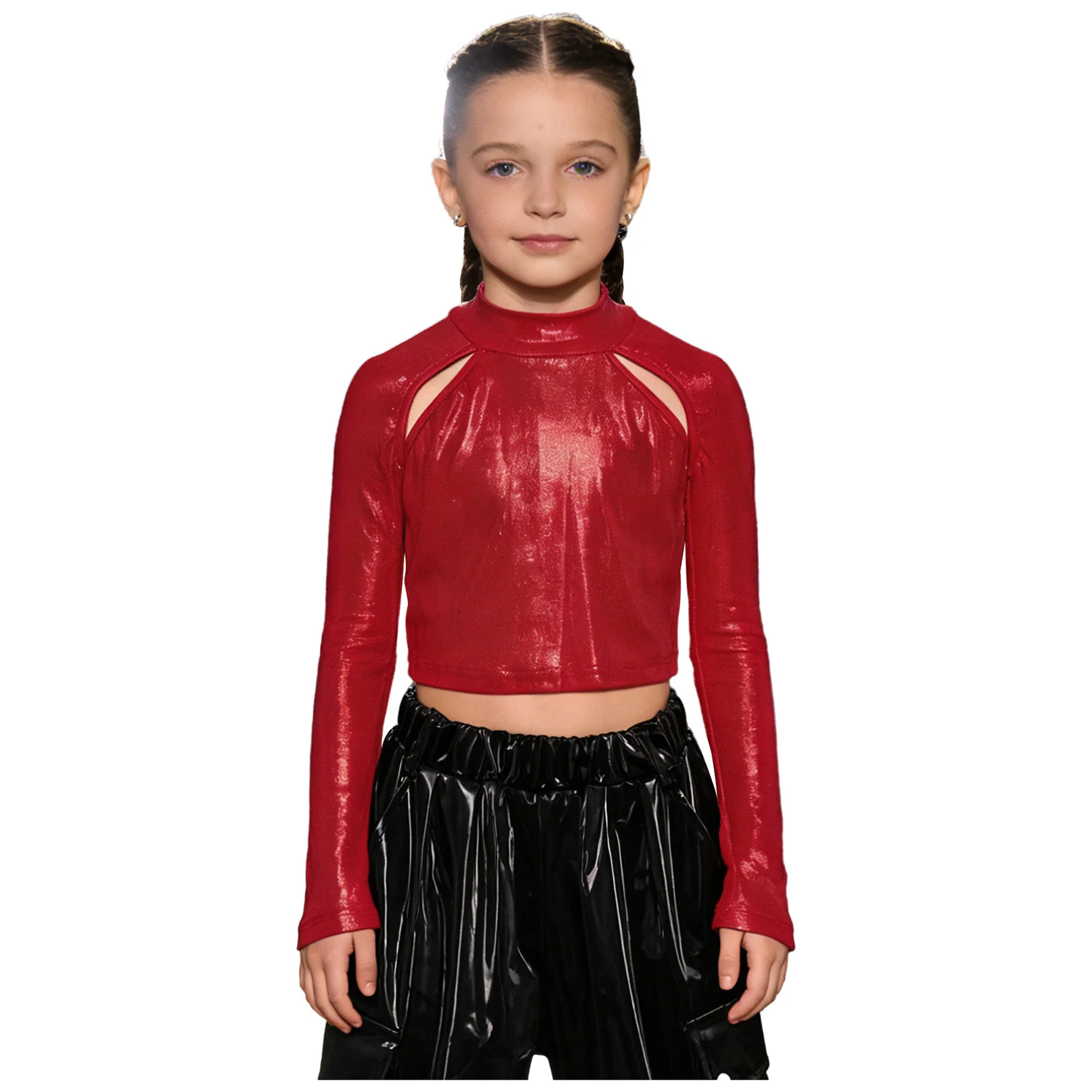 

Детский танцевальный костюм для девочек: укороченный топ с высоким воротом, длинными рукавами, блестящими пайетками, для хип-хопа, джаза, уличных танцев, выступлений, повседневной носки, вечеринок и рейвов