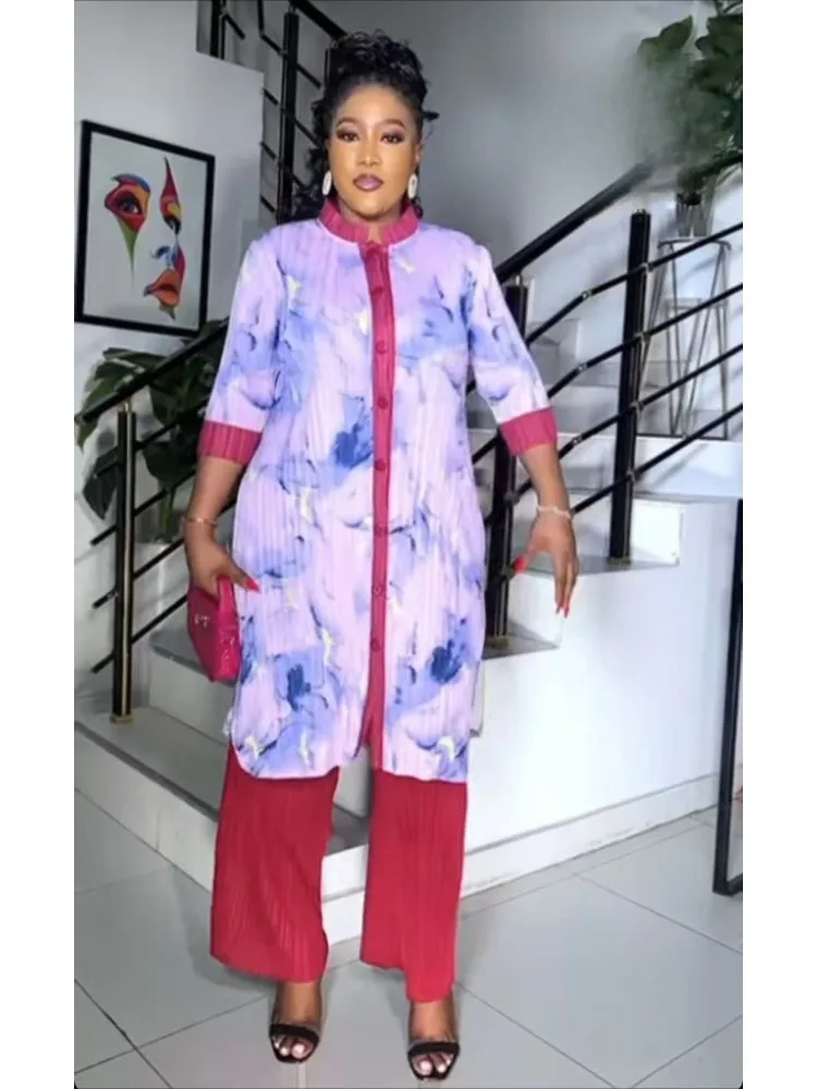 

Miyake Pleats 2025 New Fashion Suit Women's Print Medium and Long Stand-up Collar Breasted Top Straight Pants Two-piece Set