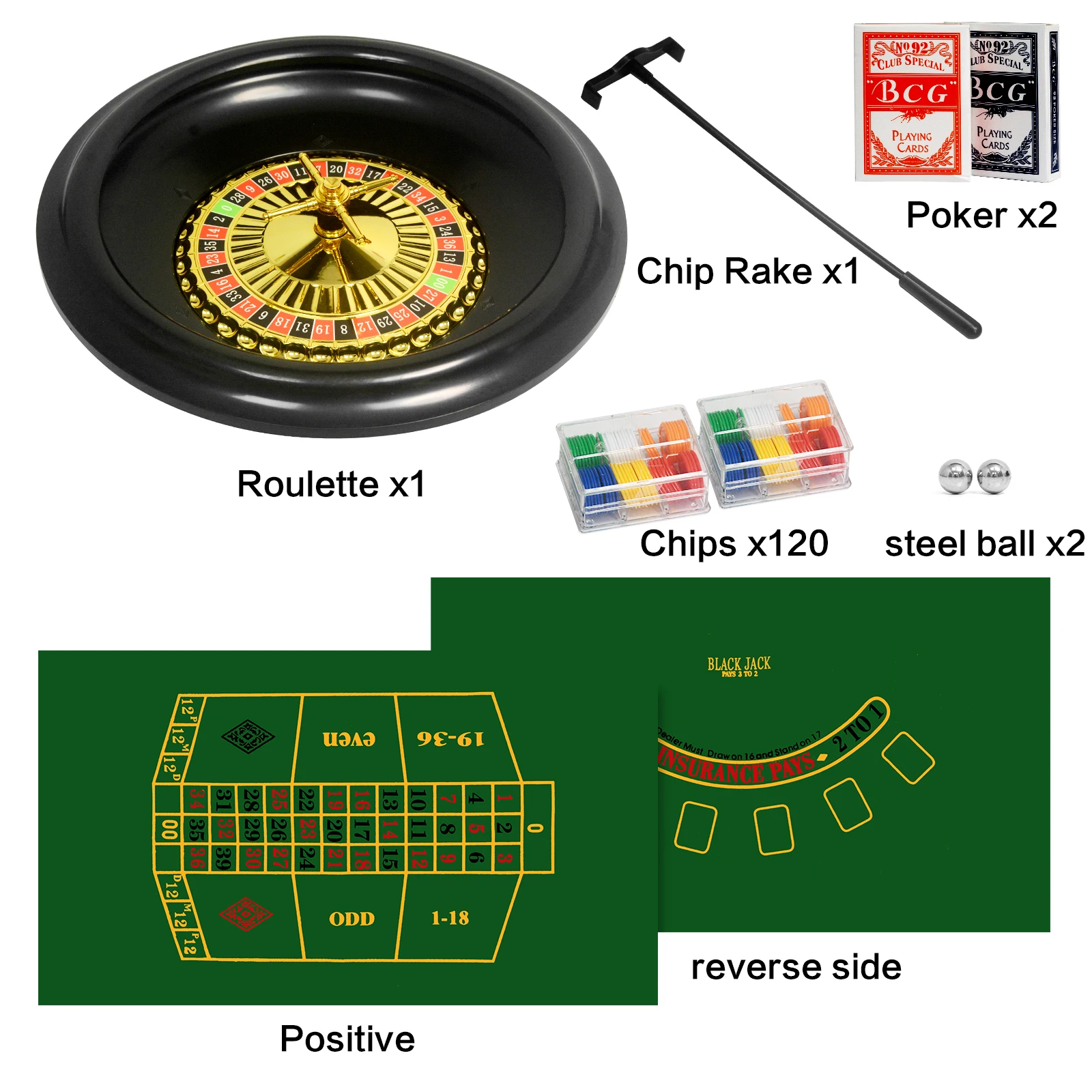 Roulette Wheel Game Set Casino Game Set with 120 Chips, 2 Pairs of Poker,Game Double-Edged Table Mat,Roulette Wheel,Rake,Roulett