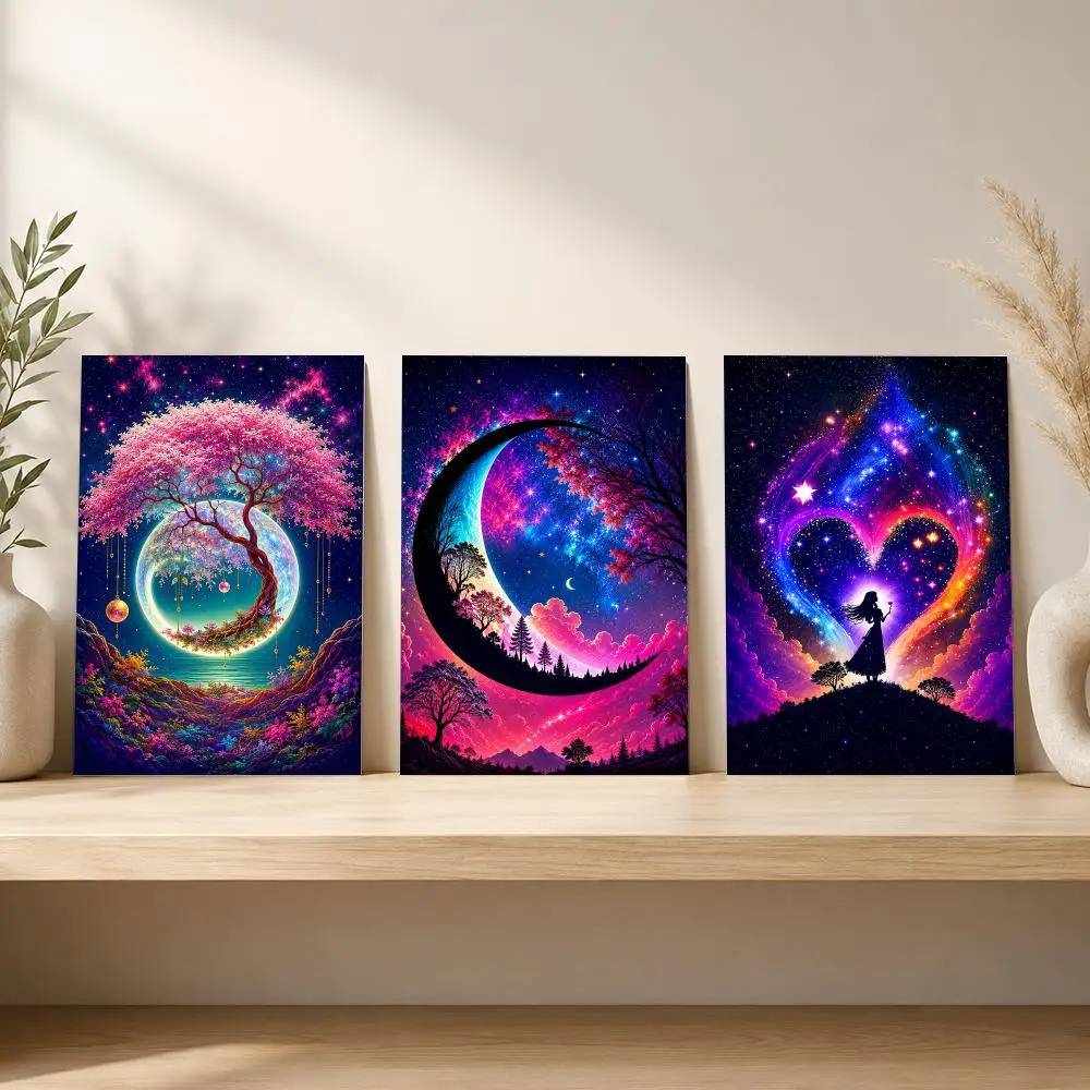 Celestial Sakura Moon Tree Poster HD Wall Art Wall Stickers Home Living Room Bedroom Bar Office Decor Prints