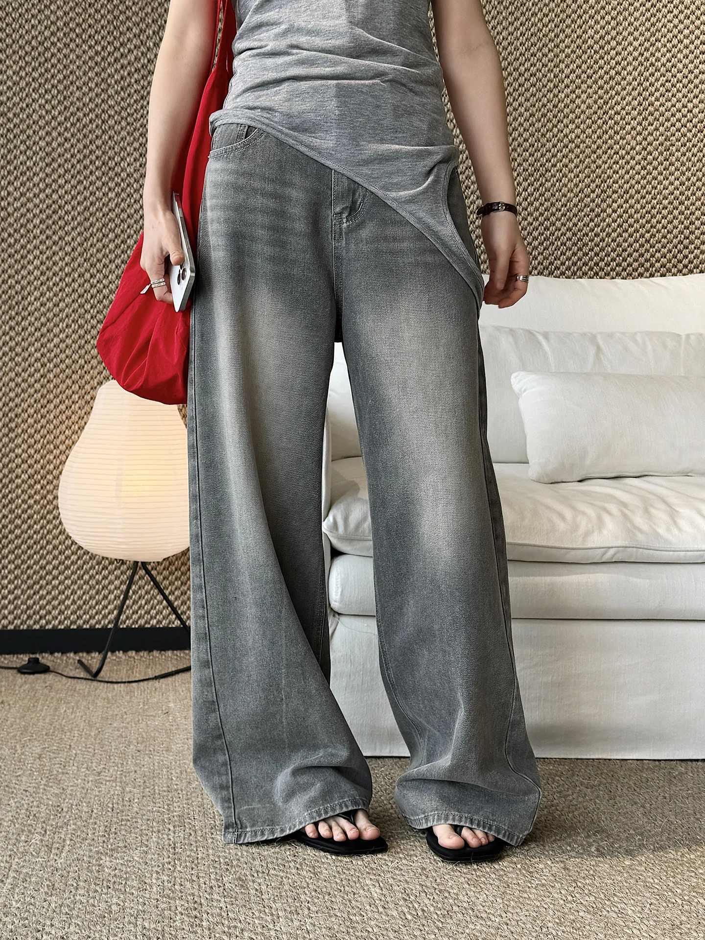 Summer new Korean version simple retro high waisted vintage gradient straight leg jeans loose slimming pants for women