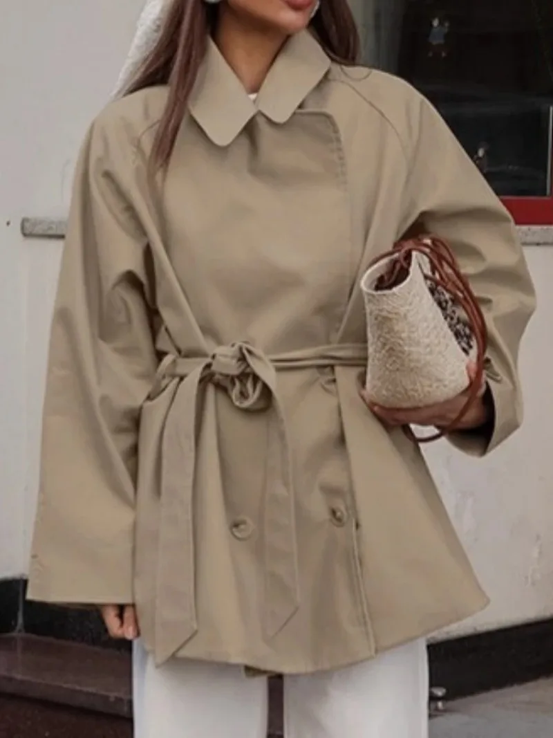 

Women Lapel Lace Up Long Windbreaker Full Sleeve Shawl Waist Cinching Single Breasted Coats Lady Elegant Casual High Street Coat