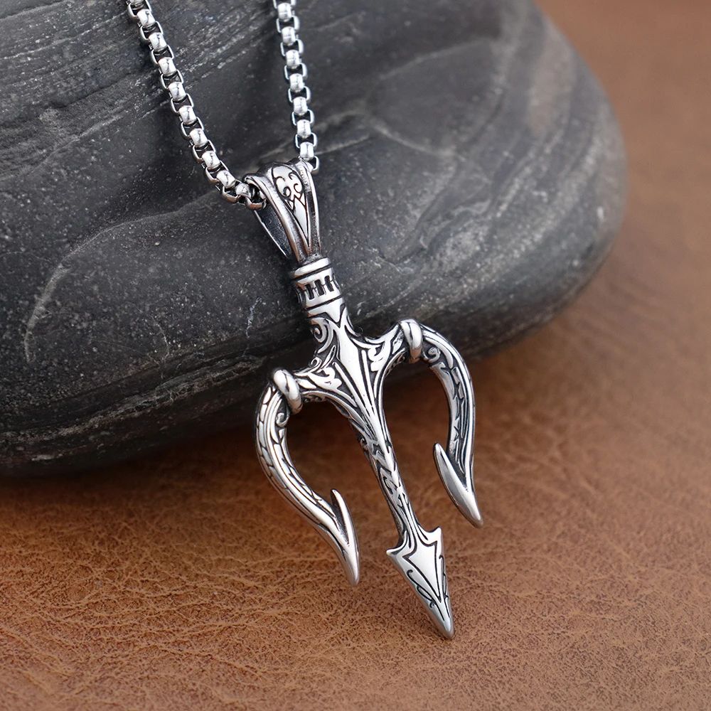 New Fashion Poseidon Trident Pendant Stainless Steel Shiva Scandinavian Necklace for Women Biker Jewelry Accessories Wholesale