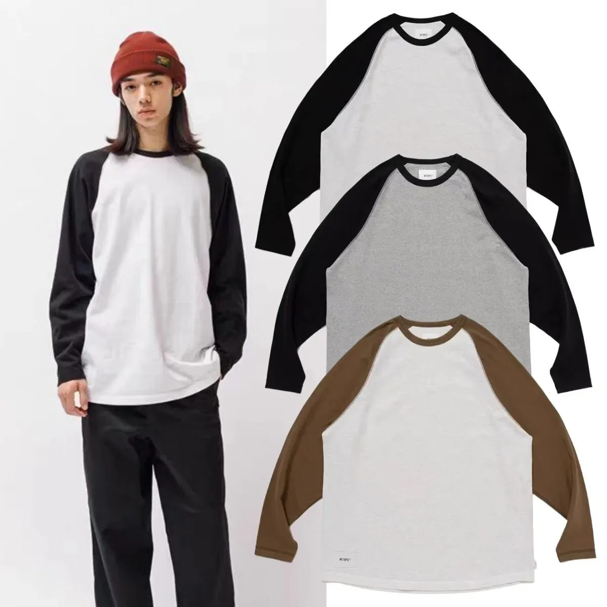 WTAPS Men’s Raglan Long Sleeve T-Shirt Japanese Style Contrast Sleeve Loose Fit Casual Couple Basic Top