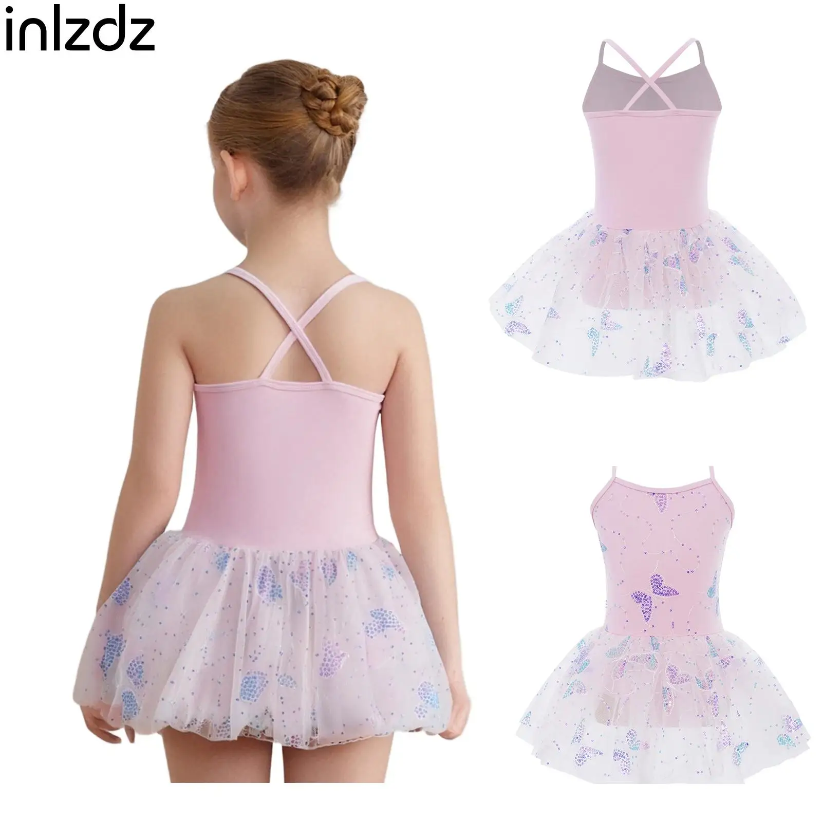 

Kid Girl Ballerina Dancewear Cross Back Sequin Butterfly Embroidery Ballet Tutu Dress+Built-in Brief for Performance Dance Party